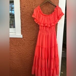 Idem Ditto Coral Orange Chiffon OffShoulder Ruffle Midi Dress NWT Size Medium